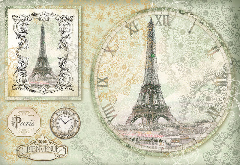 Рисовая бумага для декупажа Stamperia DFS347 Часы Эйфелева башня